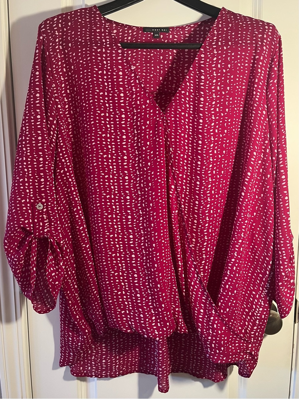 West Kei Raspberry Pink & White Abstract Dot Print V-Neck 3/4 Sleeve Blouse, XXL